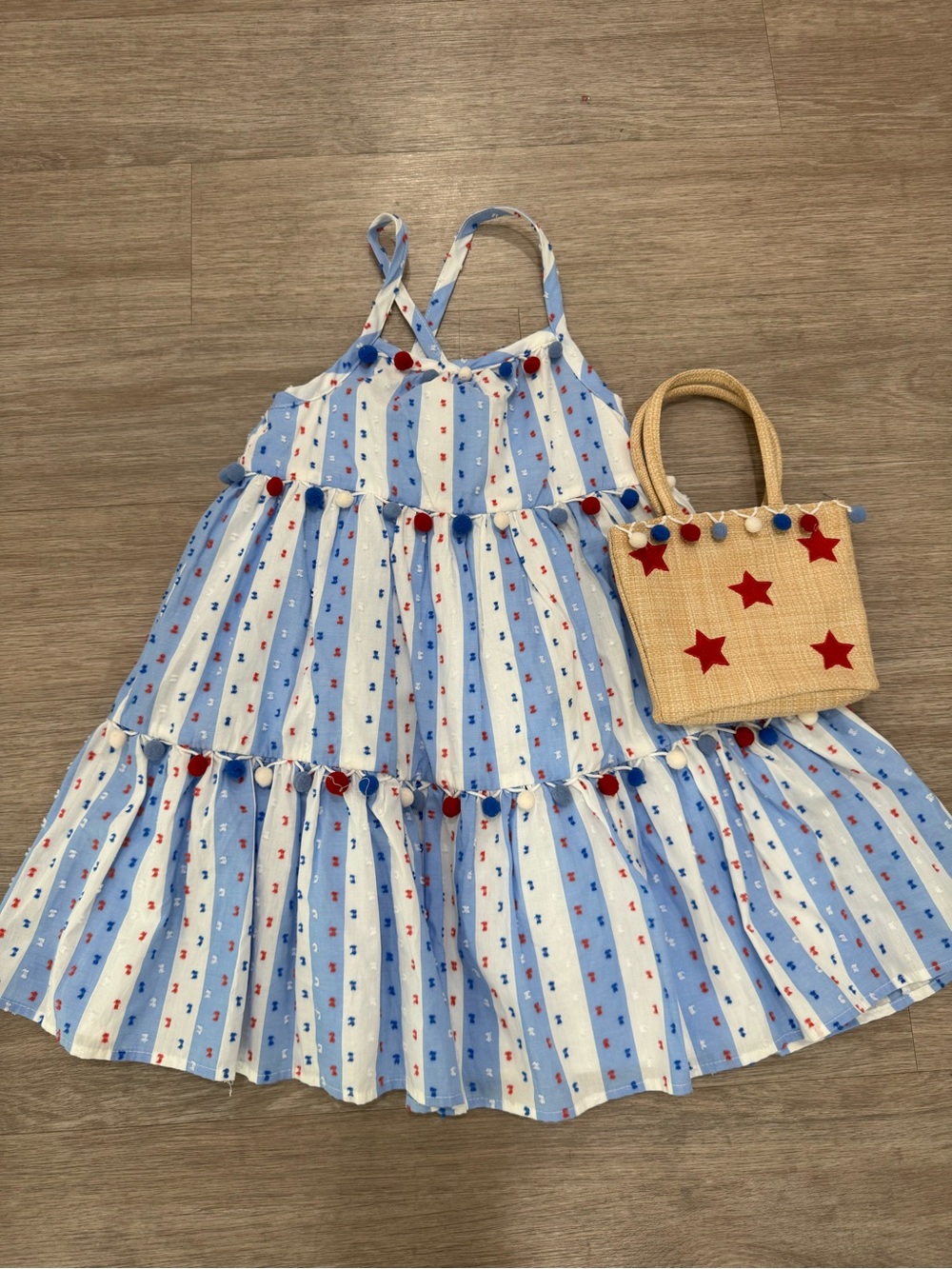 Tommy Bahama Girls Blue & White Striped Pom-Pom Tiered Sundress, size 7